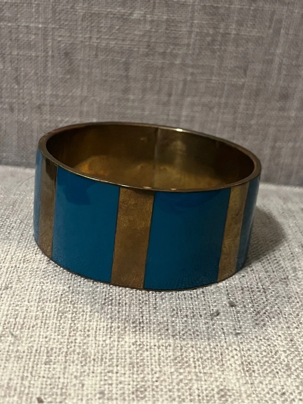 Vintage Bohemian Chunky Brass and Blue Enamel Bangle Bracelet, Circa 1970s
